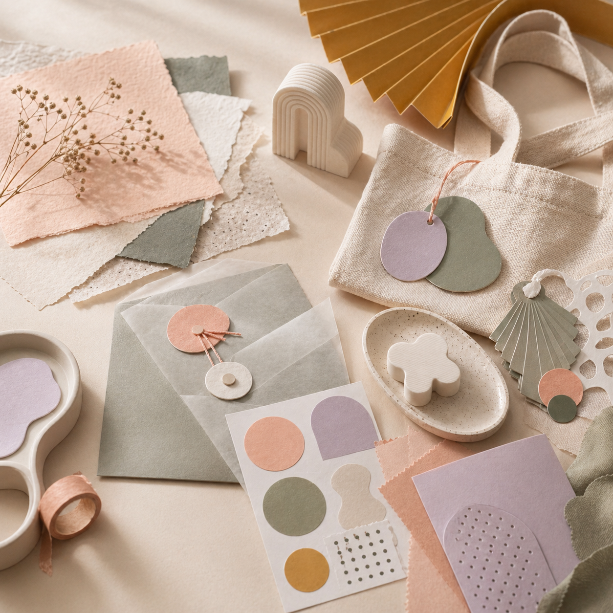 Bespoke event artifacts with handmade paper, fabric, stickers, and 3D printed forms